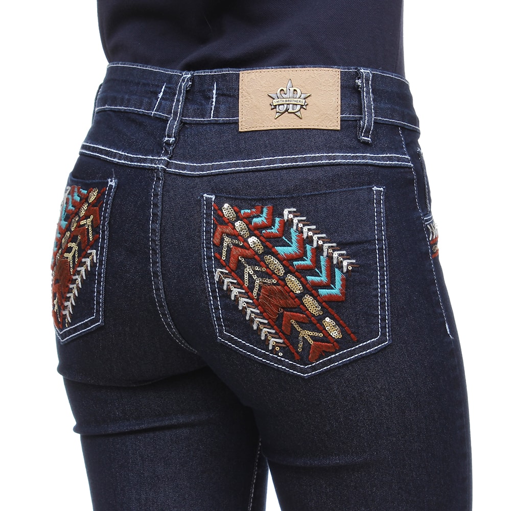 Calça Jeans Feminina Azul Bordada com 