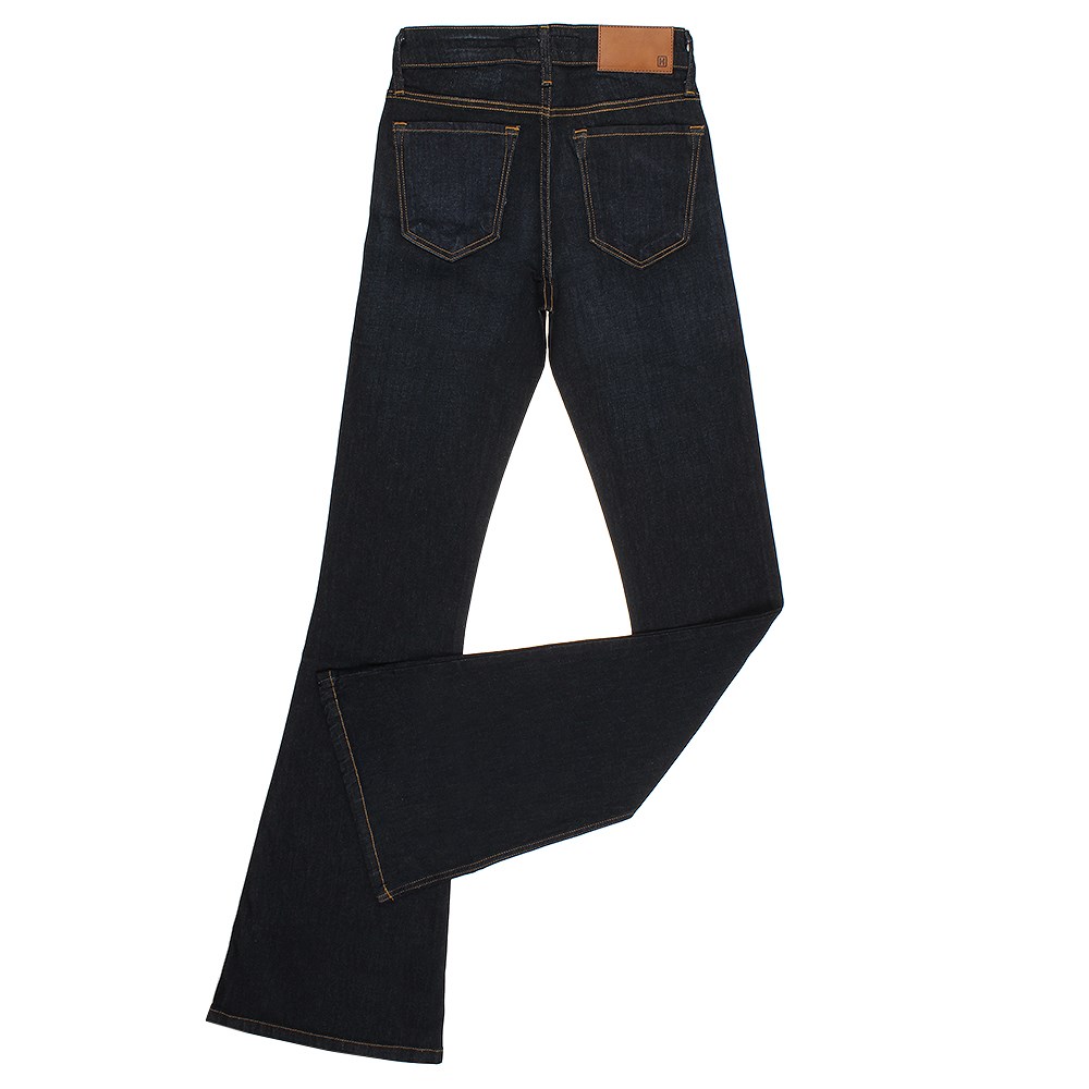 calça jeans flare azul escuro