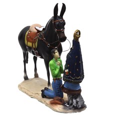 Escultura Mula Preta e Cowboy Orando em Resina Home Western Decor 32244