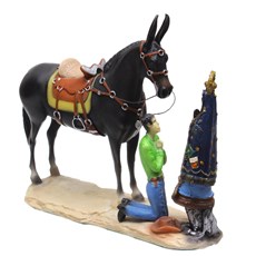 Escultura Mula Preta e Cowboy Orando em Resina Home Western Decor 32244