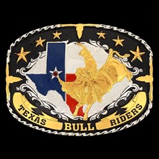 Fivela Sumetal Texas Bull Riders com Banho Dourado Prata e Fundo Negro 10952