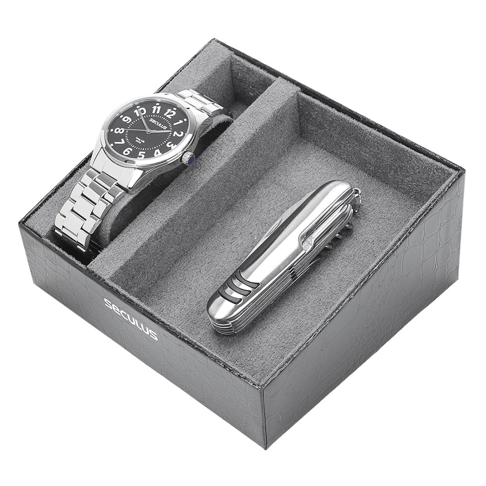Relógio Seculus Fundo Preto Masculino e Canivete 11 Funções 23807 - Rodeo  West